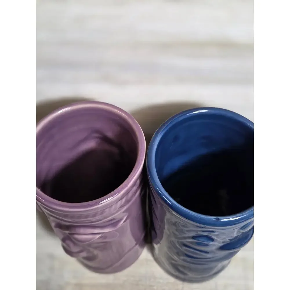 Hawaiian Tiki Mugs Big Al Artie Ceramic Pair Blue Purple 2001 Accoutrements
